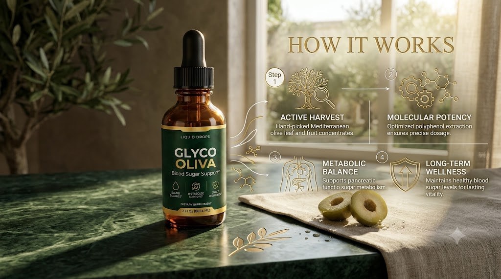 Illustrated diagram of the GlycoOliva four-step routine, supplied with the product materials