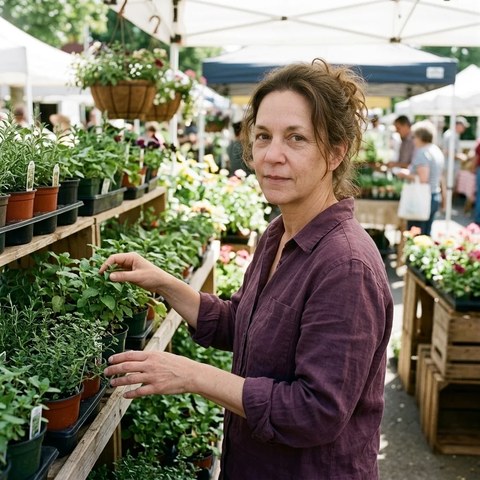 Illustrative portrait of a woman at a plant market