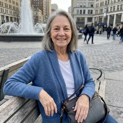 Illustrative portrait of a woman on a park bench
